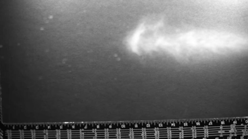 Black and white photo of hydrogel spray flume
